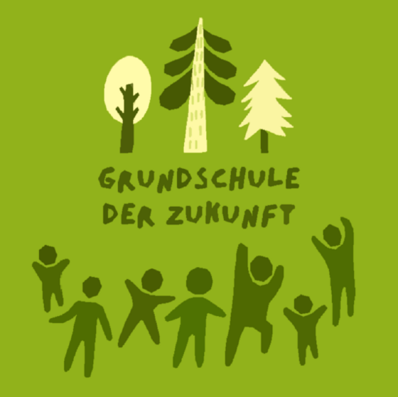 Projektlogo Bäume mit Titel Grundschule der Zukunft und Halbkreis Schulkinder